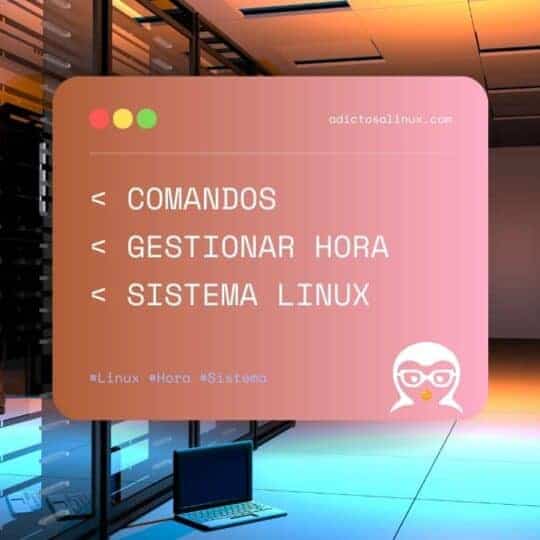 Imagen de un centro de datos con un portátil mostrando comandos de Linux para gestionar la hora del sistema.