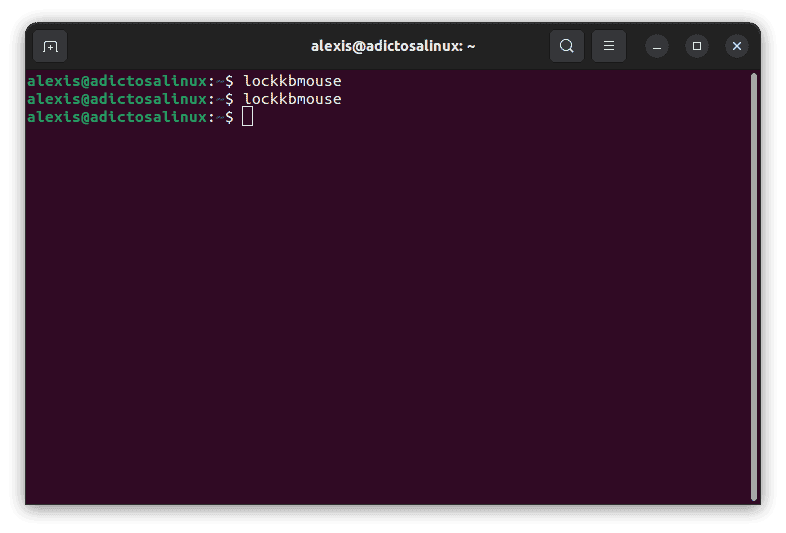 Captura de pantalla de una terminal Linux mostrando los comandos lockkbmouse usados para bloquear el teclado y el ratón.