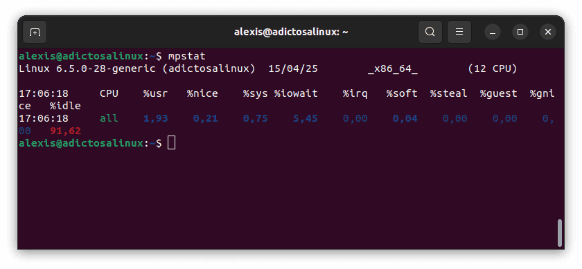 Captura de pantalla que muestra la salida del comando mpstat en una terminal Linux, mostrando estadísticas detalladas del uso de la CPU.