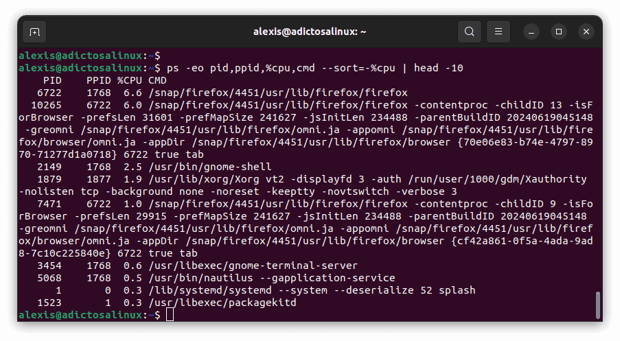 Captura de pantalla de una terminal Linux mostrando la salida del comando ps, ordenada por uso de CPU, mostrando el PID, PPID, %CPU y el comando de cada proceso.