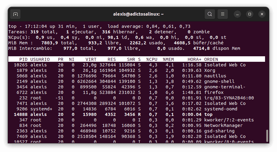 Captura de pantalla de la salida del comando top en una terminal Linux, mostrando el uso de la CPU y otros recursos del sistema.