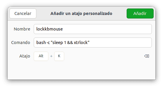 Captura de pantalla de la ventana de configuración de atajos de teclado de Ubuntu, mostrando la creación de un atajo personalizado con nombre, comando y teclas.