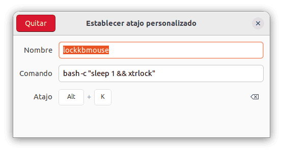 Captura de pantalla de la ventana de configuración de atajos de teclado de Ubuntu, mostrando un atajo personalizado seleccionado para ser eliminado usando el botón "Quitar".