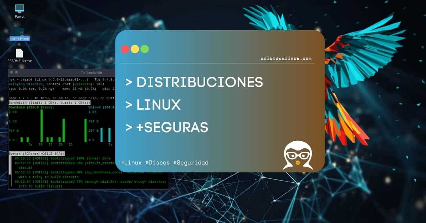 Imagen de una computadora con una interfaz de Parrot OS, mostrando información sobre el ancho de banda de Tor, junto a un banner con el texto 