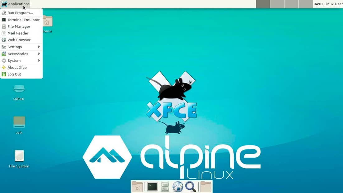 Captura de pantalla del escritorio de Alpine Linux, mostrando un menú de aplicaciones y el logotipo de Alpine Linux sobre un fondo azul turquesa.