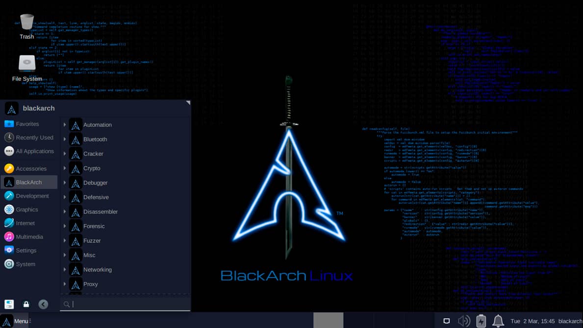 Captura de pantalla del escritorio de BlackArch Linux, mostrando el menú de aplicaciones con categorías de herramientas de seguridad informática, y el logotipo de BlackArch sobre un fondo con código fuente.