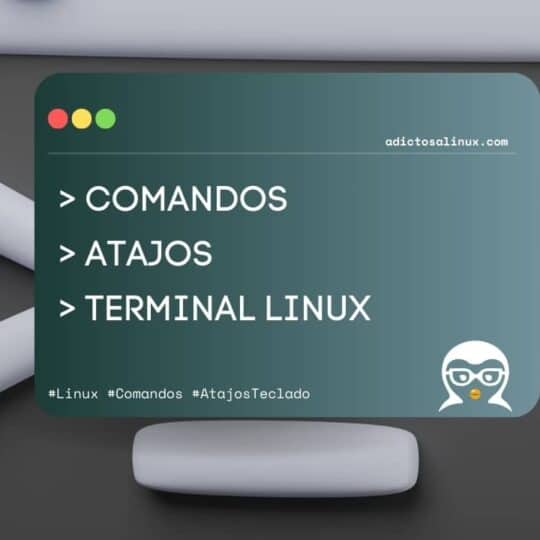 Ilustración 3D de una terminal Linux mostrando los comandos y atajos de teclado más importantes.