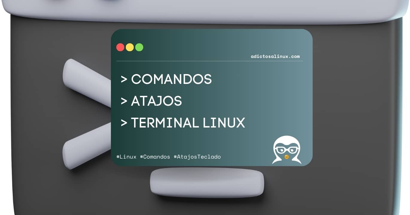 Ilustración 3D de una terminal Linux mostrando los comandos y atajos de teclado más importantes.