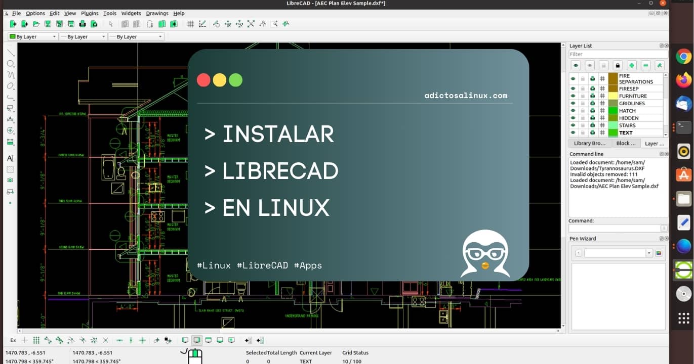 Captura de pantalla del software CAD LibreCAD en un escritorio Linux, con un plano de arquitectura en pantalla y un recuadro superpuesto que dice 