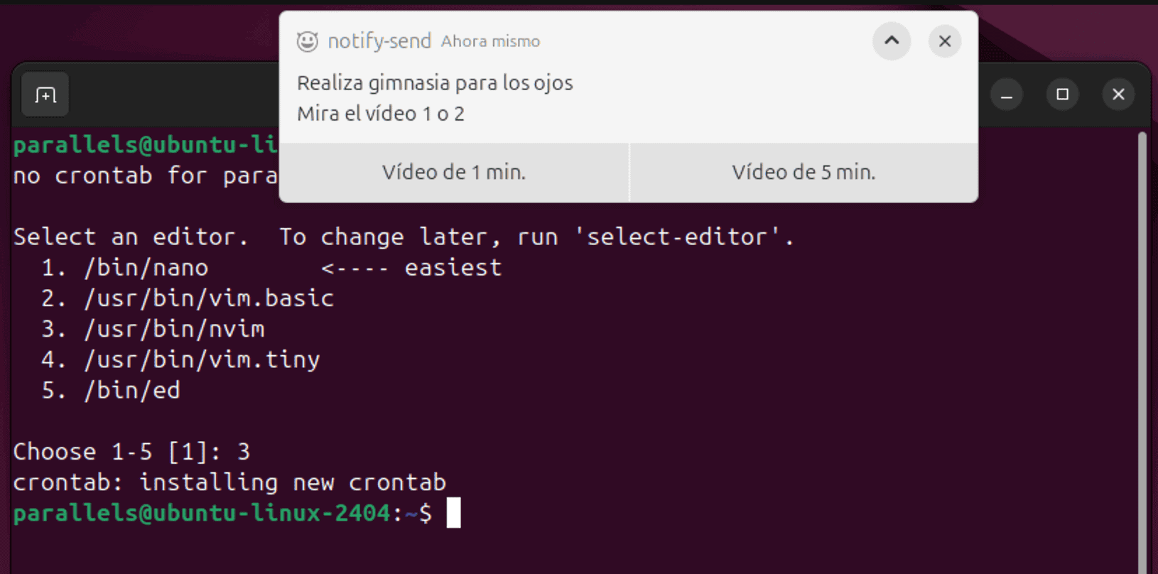 aptura de pantalla mostrando una notificación notify-send con dos botones y la selección de un editor para crontab en la terminal de Linux.