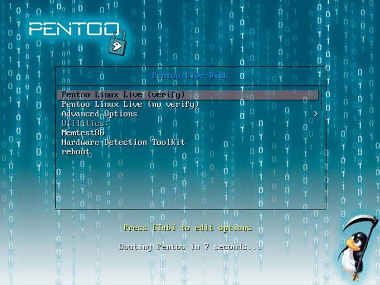 Imagen del menú de arranque de Pentoo Linux Live, mostrando opciones como "Pentoo Linux Live (verify)" y "Pentoo Linux Live (no verify)", junto con otras utilidades. 