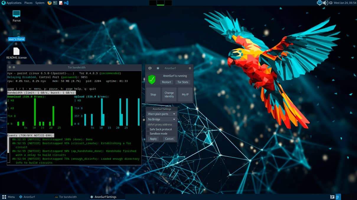 Captura de pantalla del escritorio de Parrot Security OS, mostrando ventanas con información sobre el ancho de banda de Tor y la configuración de AnonSurf, junto con el logotipo de Parrot.