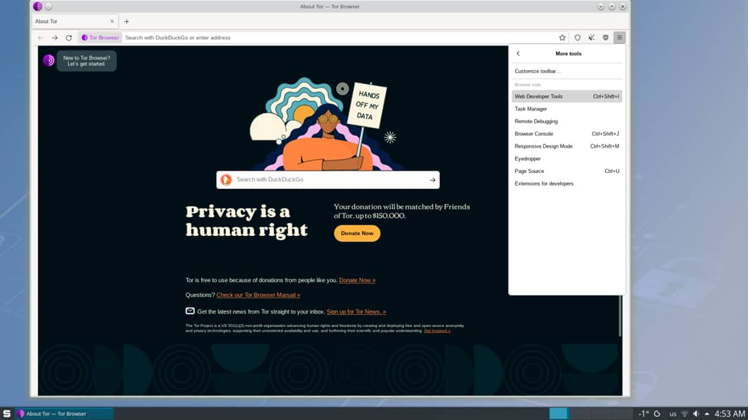 Captura de pantalla de la página "Acerca de Tor" en el navegador Tor, dentro del entorno de la distribución Septor. 