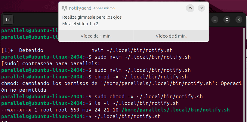 Captura de pantalla que muestra la ejecución de un script bash que genera una notificación con dos botones usando notify-send.