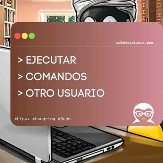 Ilustración de un pingüino usando un portátil, con un recuadro que indica 'EJECUTAR COMANDOS OTRO USUARIO'