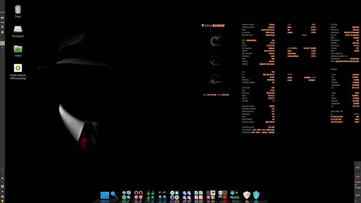 Captura de pantalla del escritorio de Kodachi Linux mostrando un tema oscuro con una imagen de un hombre con sombrero y traje, datos del sistema y una barra de iconos con varias aplicaciones.