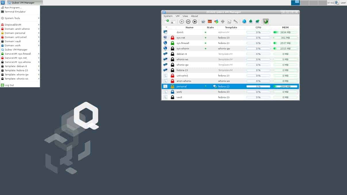 Captura de pantalla del gestor de máquinas virtuales de Qubes OS, mostrando múltiples qubes (máquinas virtuales) con diferentes niveles de seguridad y sistemas operativos.
