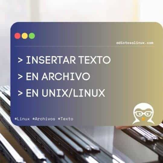 Representación gráfica sobre cómo insertar texto en archivos en Unix/Linux, con un recuadro de texto que muestra el tema y un fondo que sugiere manejo de documentos o teclado.