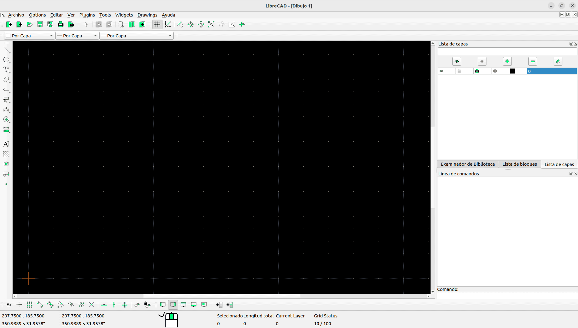 Captura de pantalla de la interfaz gráfica del software CAD LibreCAD ejecutándose en Ubuntu, mostrando el área de dibujo en negro, barras de herramientas y paneles laterales como la lista de capas.