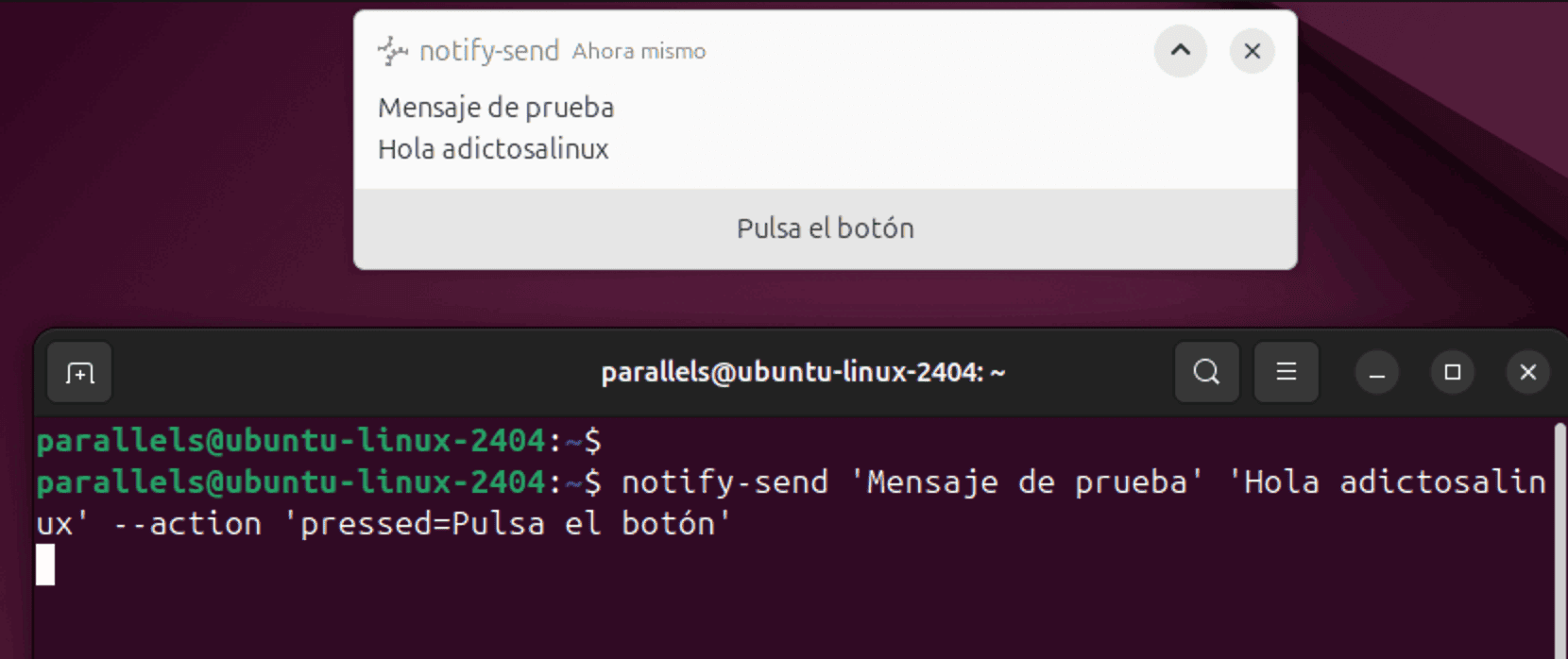 Captura de pantalla que muestra una notificación de notify-send en Linux con un botón interactivo etiquetado como "Pulsa el botón". 