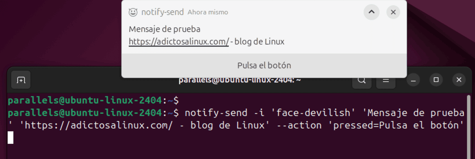 Captura de pantalla de una notificación notify-send en Linux que incluye un icono, un botón y un enlace web