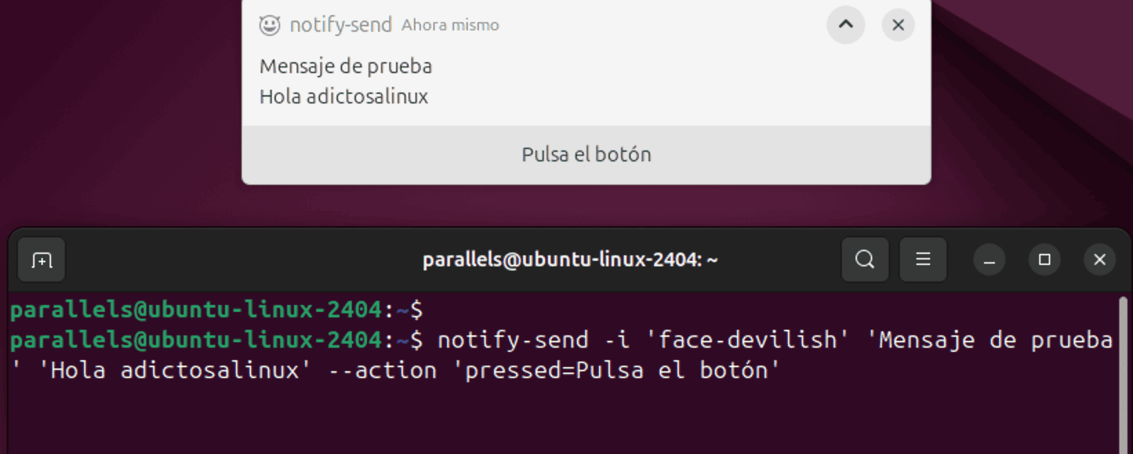 Captura de pantalla mostrando una notificación notify-send en Linux con un icono personalizado ("face-devilish") y un botón. 