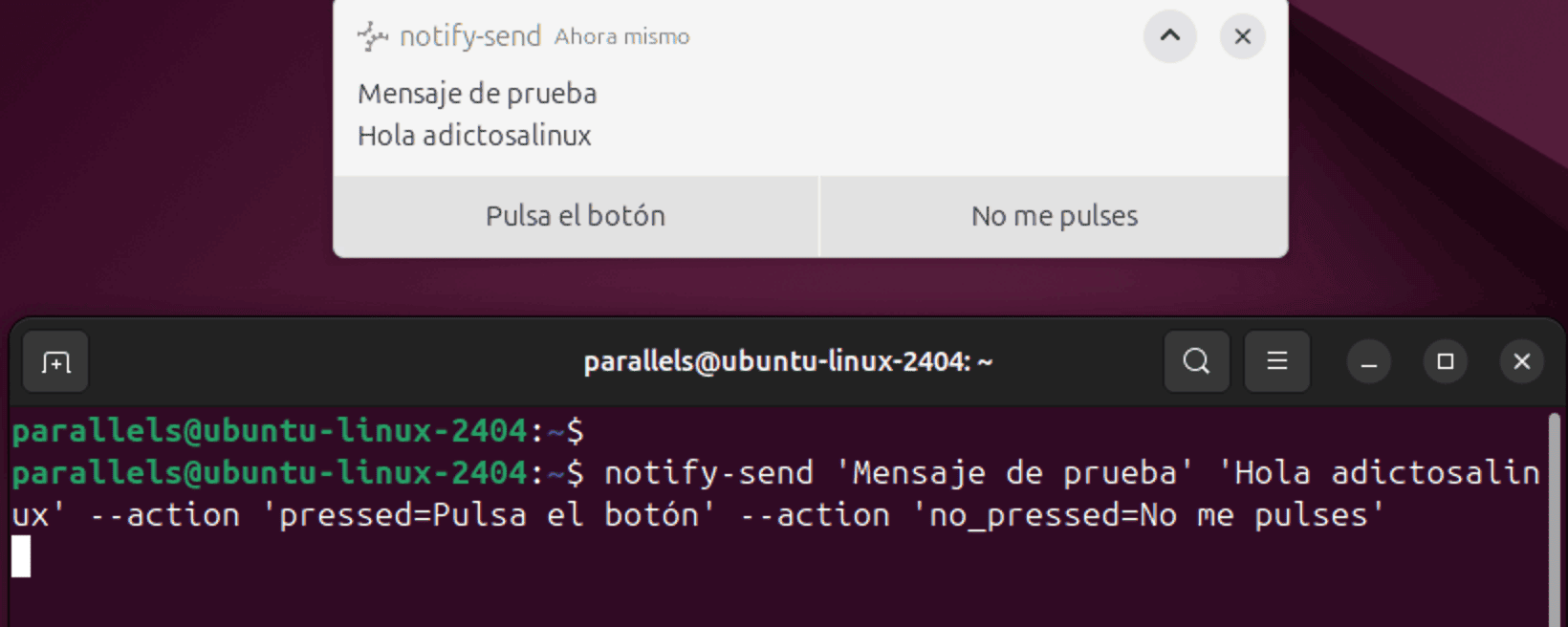 Captura de pantalla que muestra una notificación de notify-send en Linux con dos botones: "Pulsa el botón" y "No me pulses". 