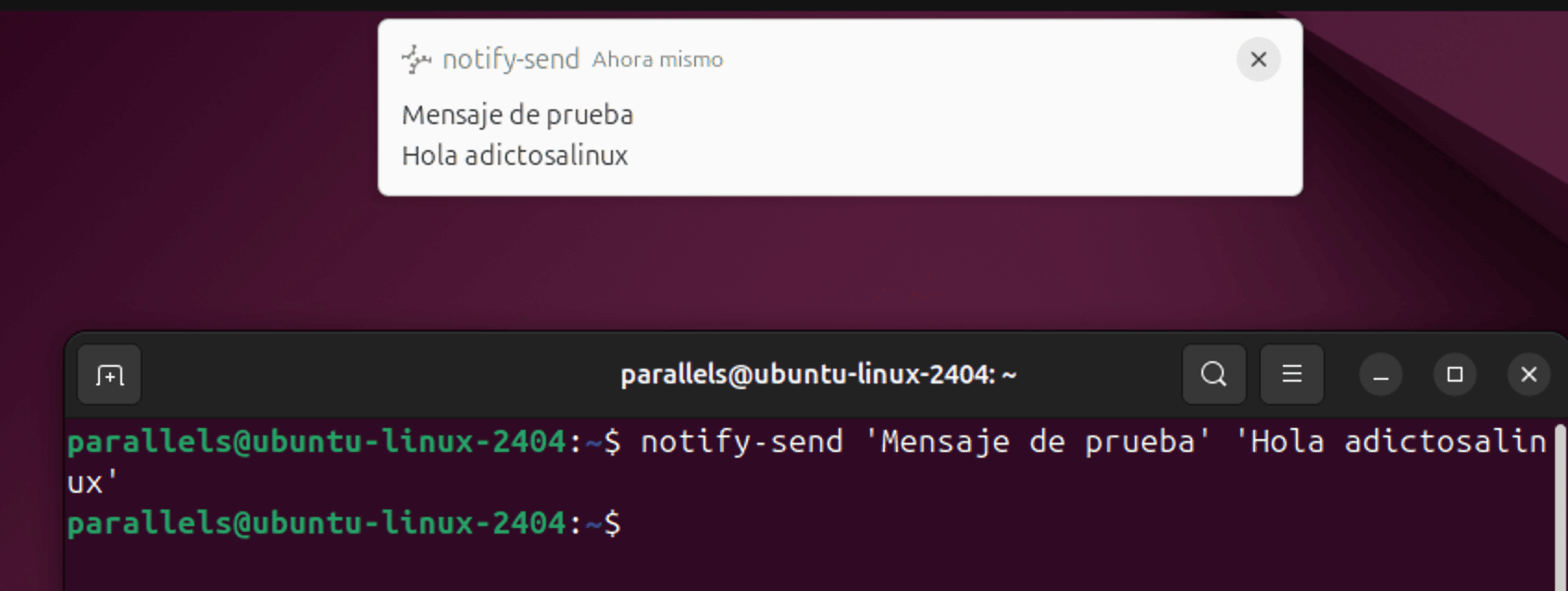 Captura de pantalla mostrando una notificación en la interfaz gráfica de usuario de un sistema operativo Linux generada por el comando notify-send. 