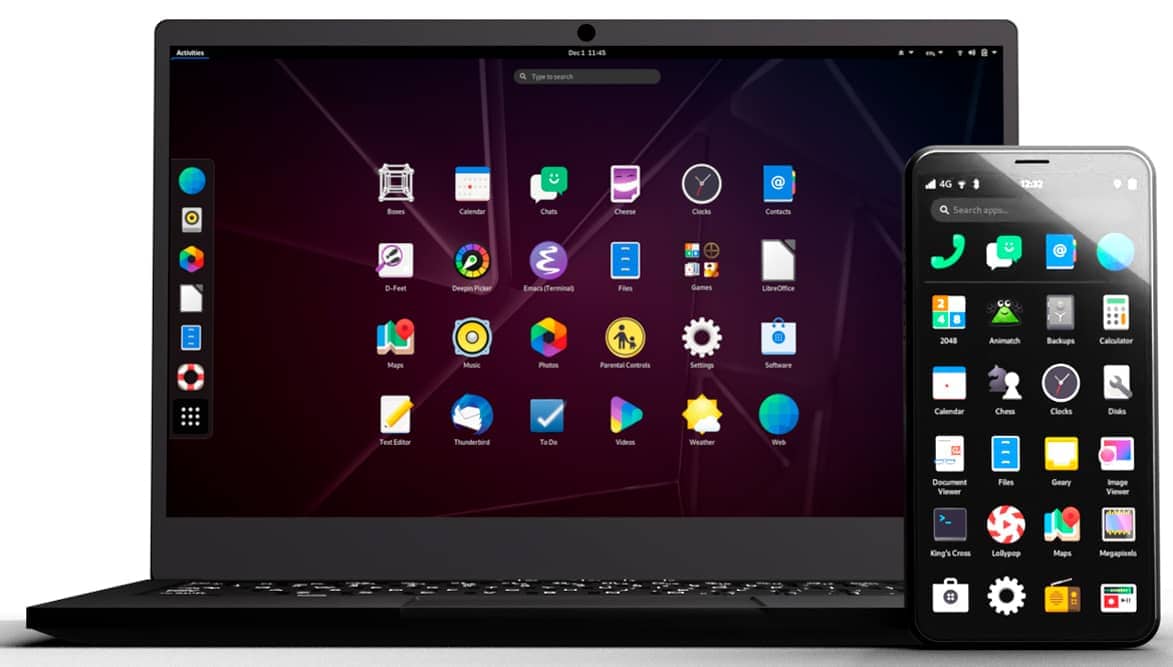 Imagen de un portátil y un teléfono móvil mostrando la interfaz de usuario de PureOS, una distribución Linux con un diseño limpio y moderno.