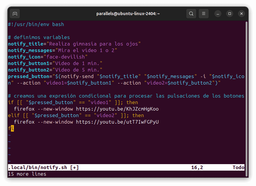 Captura de pantalla de un script bash que utiliza notify-send para mostrar una notificación con dos botones.
