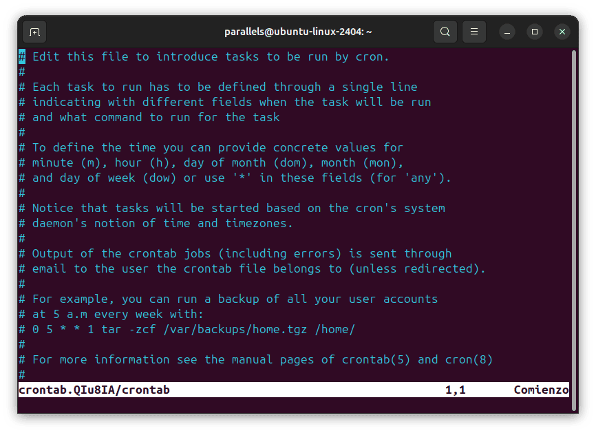Captura de pantalla que muestra el contenido de un archivo crontab en un editor de texto. 