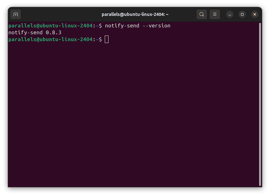 Captura de pantalla de una terminal Linux mostrando el comando notify-send --version y la respuesta "notify-send 0.8.3", indicando la versión de la utilidad notify-send instalada.