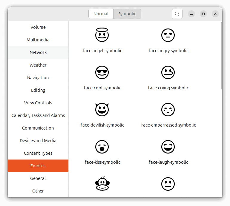 Captura de pantalla de la utilidad gtk3-icon-browser mostrando una selección de iconos temáticos de "Emotes", incluyendo caras con diferentes expresiones (ángel, enojado, llorando, avergonzado, diabólico, beso, risa) y un mono. La vista es "Simbólica".