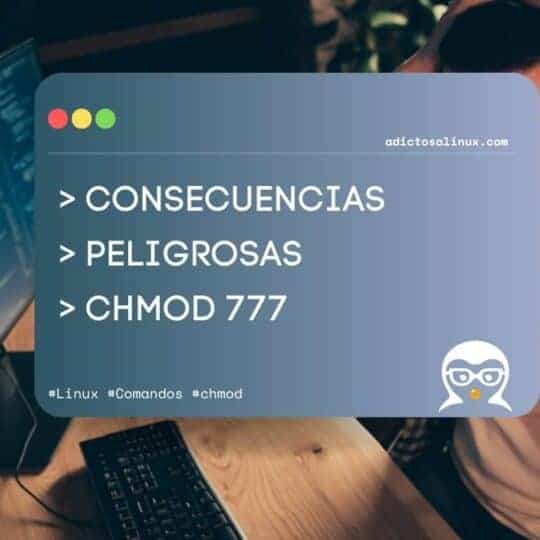 Un programador frustrado se agarra la cabeza frente a dos monitores de ordenador. Una ventana emergente muestra el texto 'Consecuencias Peligrosas Chmod 777