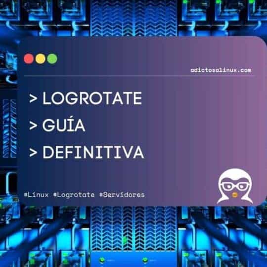 Imagen de un rack de servidores iluminado en azul con una tarjeta digital superpuesta que anuncia una guía definitiva sobre Logrotate.
