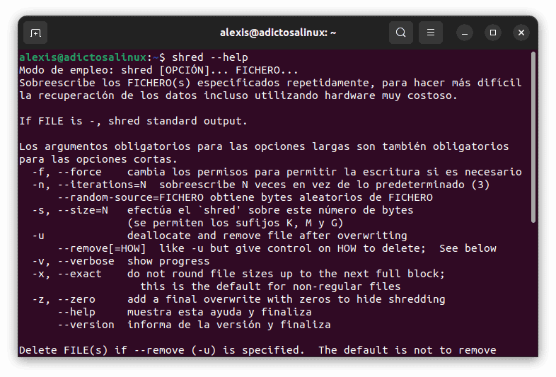Captura de pantalla de la ayuda del comando shred en una terminal Linux, mostrando la sintaxis y las opciones disponibles.