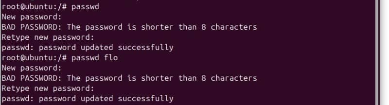 Captura de pantalla de una terminal Linux mostrando el comando passwd utilizado para cambiar una contraseña, incluyendo mensajes de error por contraseña demasiado corta y el mensaje de confirmación de cambio exitoso.