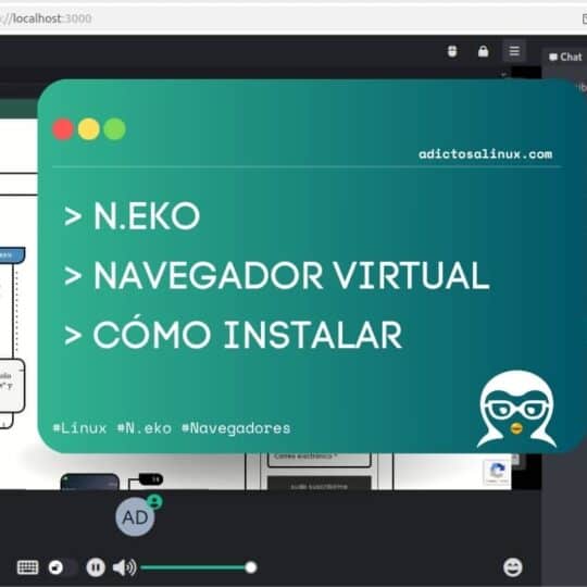 Captura de pantalla mostrando una guía de instalación de n.eko, un navegador virtual en Docker. Se ve la interfaz del navegador con una sección destacada que explica los pasos de instalación.