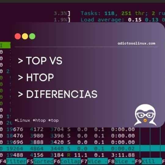 Comparativa de las herramientas de monitorización de Linux top y htop, mostrando sus interfaces y diferencias.