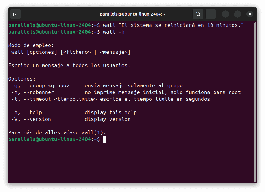 Ejemplo de uso del comando wall en Linux para enviar un mensaje masivo.