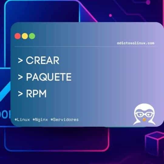 Ilustración tecnológica sobre cómo crear un paquete RPM, con iconos de Linux y Fedora en un fondo de circuitos digitales.