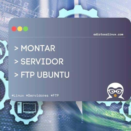 Ilustración de una terminal de comandos para montar un servidor FTP en Ubuntu, con íconos de tecnología y servidores.