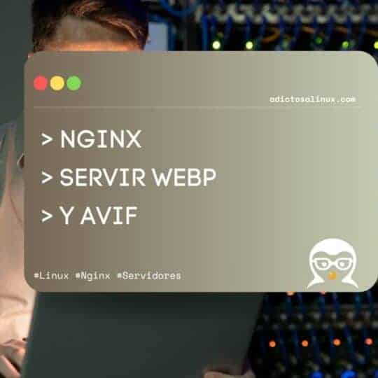 Administrador de sistemas frente a un rack de servidores configurando Nginx para servir automáticamente imágenes WebP y AVIF.
