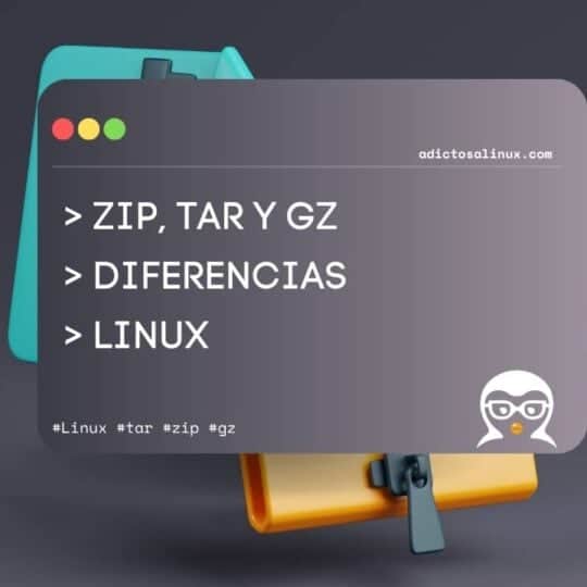 Ilustración de una terminal de Linux que muestra los comandos Zip, Tar y Gz, con un icono de carpeta y el logo de Linux.