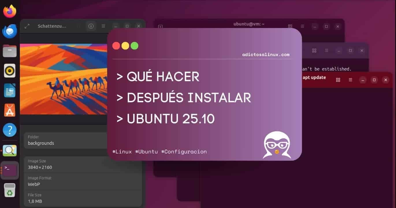 Captura de pantalla del escritorio de Ubuntu 25.10 con una guía sobre qué hacer después de instalar el sistema operativo.