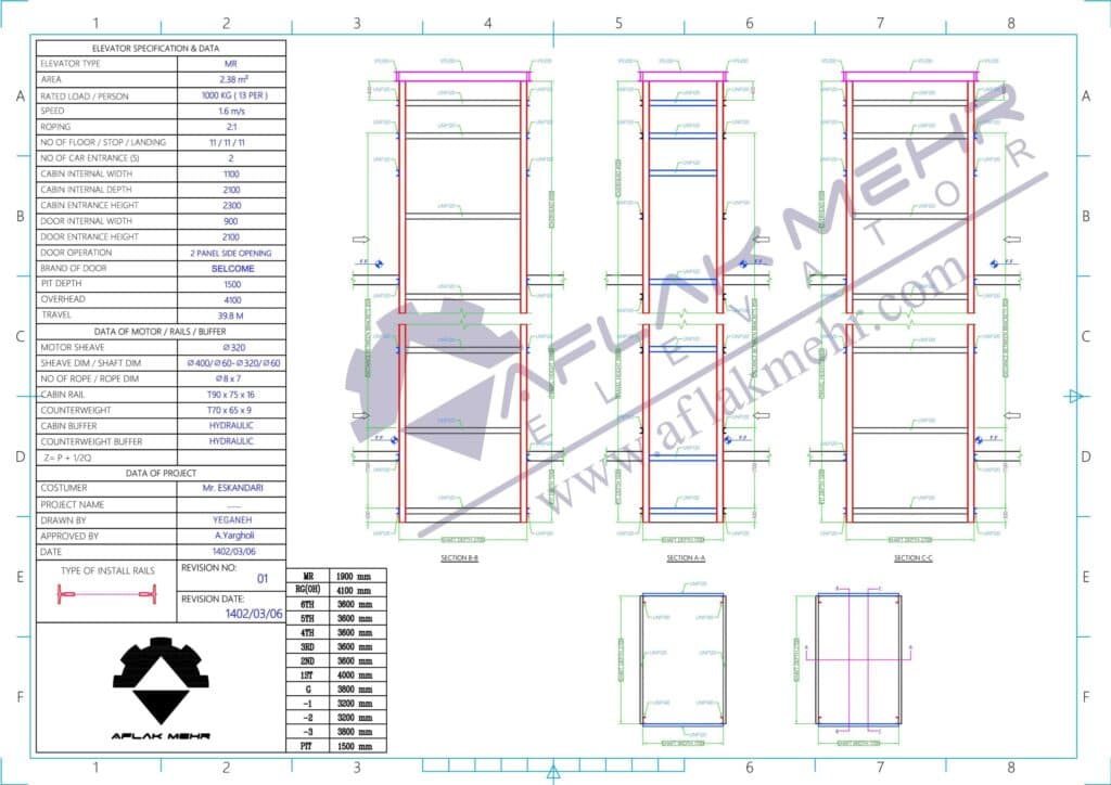 نقشه آهن کشی آسانسور دو درب