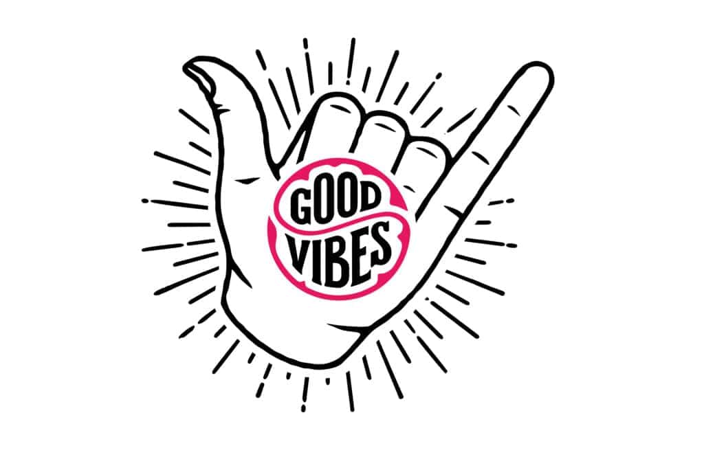 Shaka hand gesture illustration with a "Good Vibes" badge on the palm.