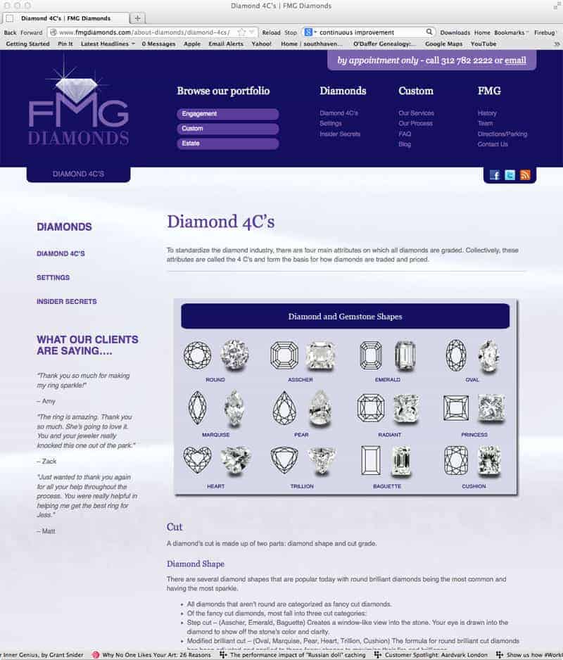 Educational section of jewelers website, explaining qualifications of diamonds.
