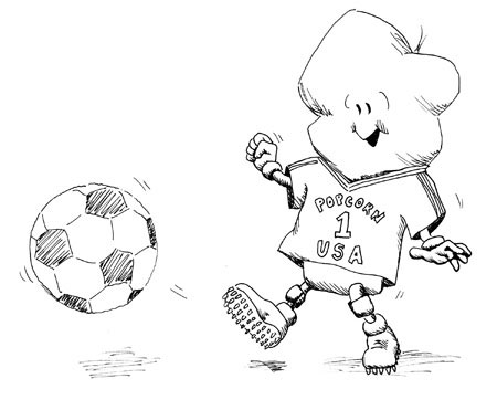 Illustration of Poppy the popcorn kernel playing soccer.