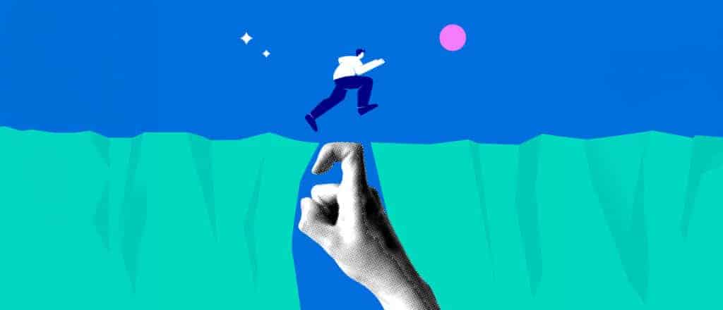 Illustration of a small figure leaping across a gap with the help of a giant hand acting as a bridge, suggesting the support needed to make a significant transition.